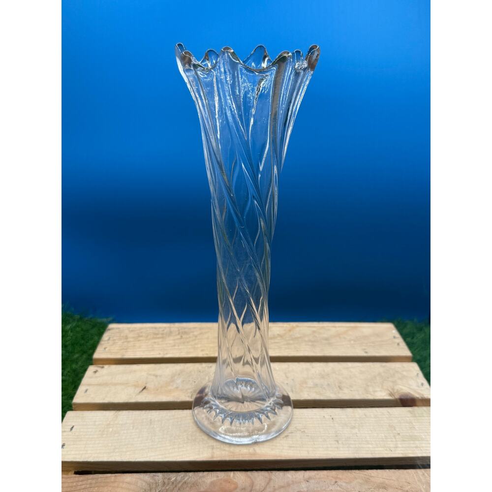 Vintage Clear Glass Swirl Bud Vase -10" Ribbed Fluted Top Decorative Floral Vase